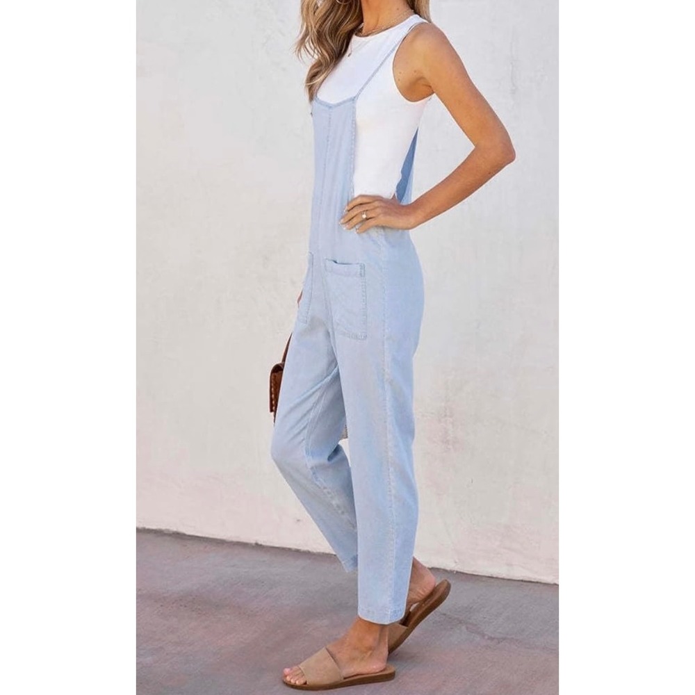 Mahnla Tencel Sky Blue Chambray Pocketed Adjustable‎ Straps Jumpsuit - Picture 2 of 7